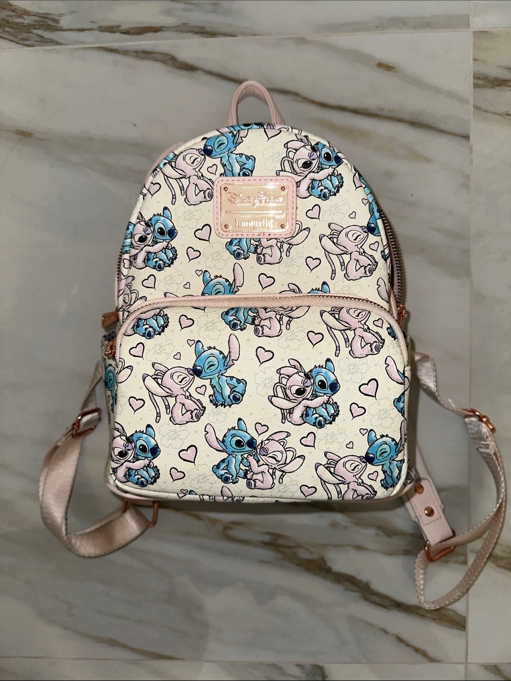 Loungefly White Mini Backpack with Blue & Pink Stitch Print and pins!